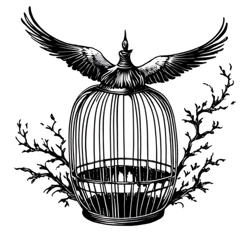 bird flying out of open cage tattoo design idea