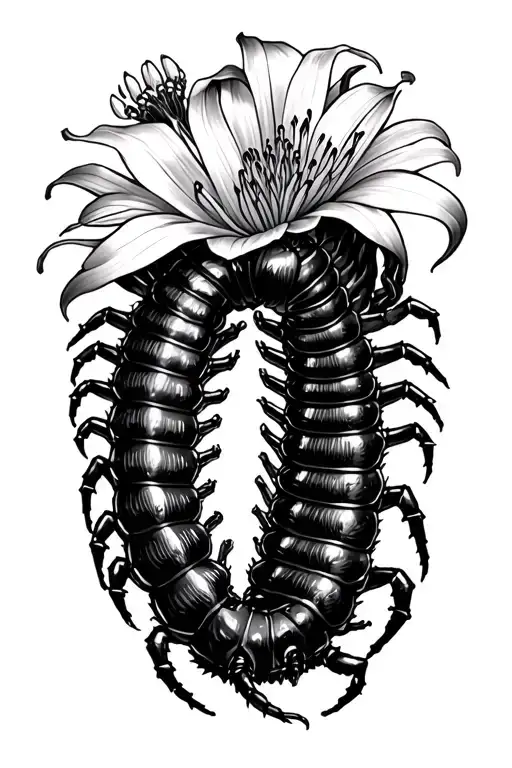 centipede with spider lily and mid evil castle filler tattoo design idea