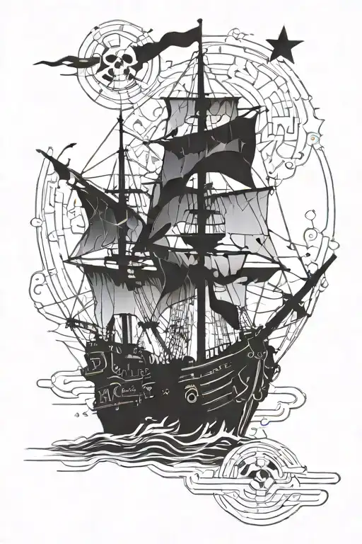 skeleton pirate ghost ship galaxy filled with stars tattoo design idea