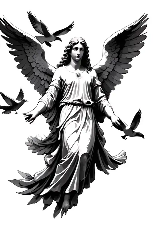 Guardian angel with two doves flying tattoo design idea