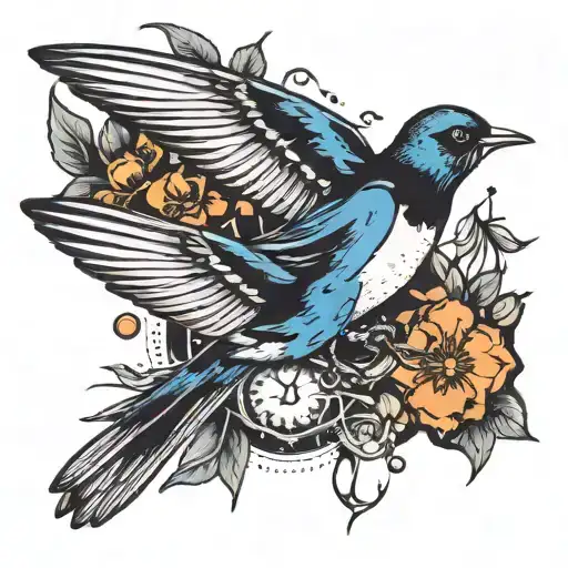 swallow and psilocybin molecule intertwined tattoo design idea