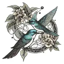 swallow and psilocybin molecule intertwined tattoo design idea