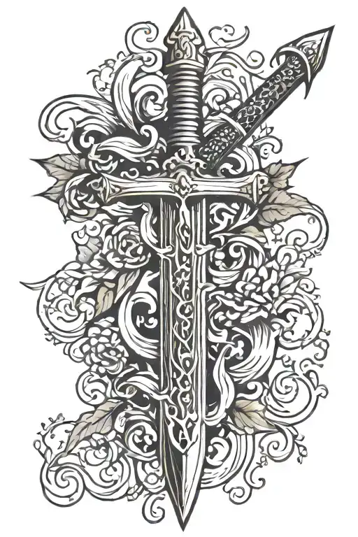 sword with vines and flames around it tattoo design idea