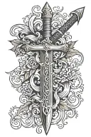 sword with vines and flames around it tattoo design idea