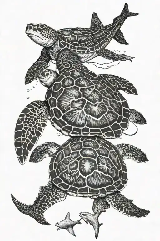 A sea turtle swimming with a whale shark tattoo design idea