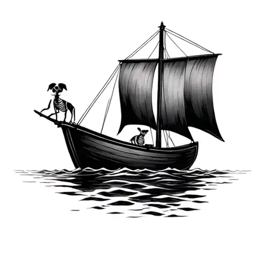 A black and grey semi-realistic tattoo of a simple sailboat with a skeleton dog sitting on the boat tattoo design idea