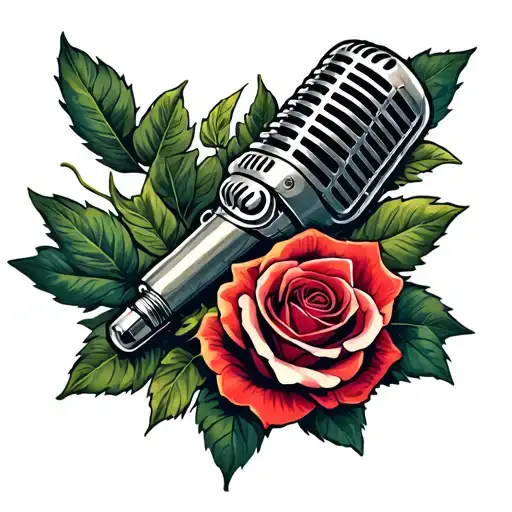 an old school microphone resting in a rose surrounded by leaves tattoo design idea