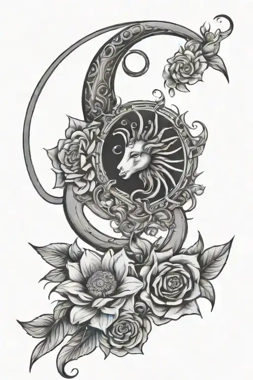 capricorn flowers moon and sun symbols tattoo design idea
