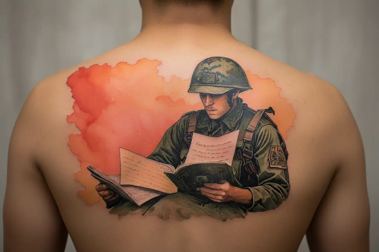 soldier reading a letter tattoo design idea
