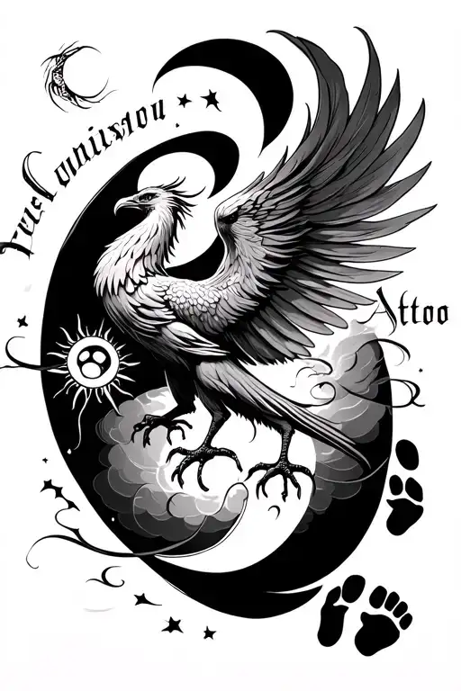 black and white Rising phoenix with footprints and sun and moon and script swirling through tattoo design idea