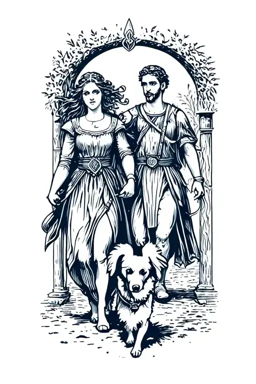 man, woman and dog medieval fantasy adventuring party scene walking tattoo design idea