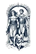 man, woman and dog medieval fantasy adventuring party scene walking tattoo design idea