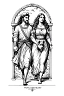 man, woman and dog medieval fantasy adventuring party scene walking tattoo design idea