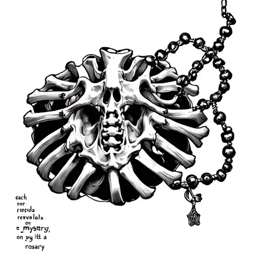 The words "Each vertebra reveals a mystery. Pray on my spine, it's a rosary" as line art tattoo design idea