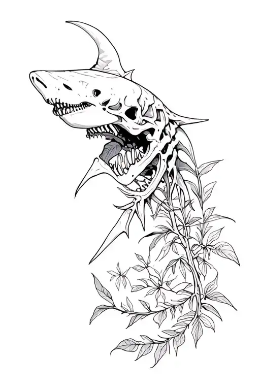 skeleton shark with deadly nightshade plant intertwined tattoo design idea