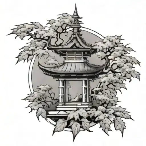 Japanese maple and shrine tattoo design idea