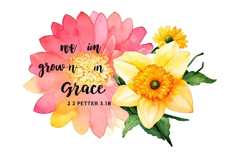design a tattoo that says "grow in grace - 2 peter 3:18" that includes a photo of a chrysanthemum, a daffodil, a cosmos, tattoo design idea