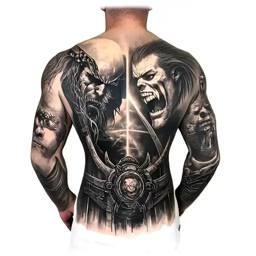full sleeve realism tattoo with god of war, bioshock, fallout and Deadspace. tattoo design idea