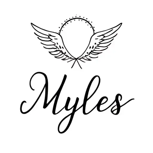 The names Myles with angel Halo over  Myles in wedding style cursive tattoo design idea