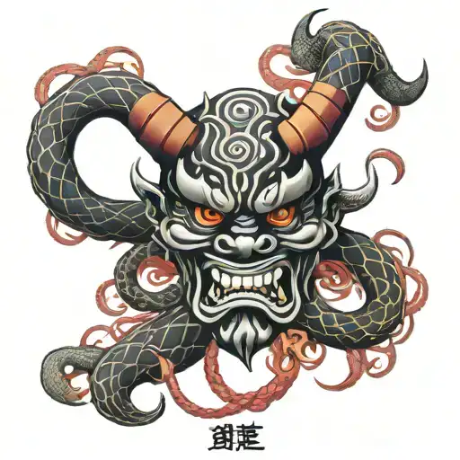 Japanese style Oni demon mask with snakes intertwined and red thread lines tattoo design idea