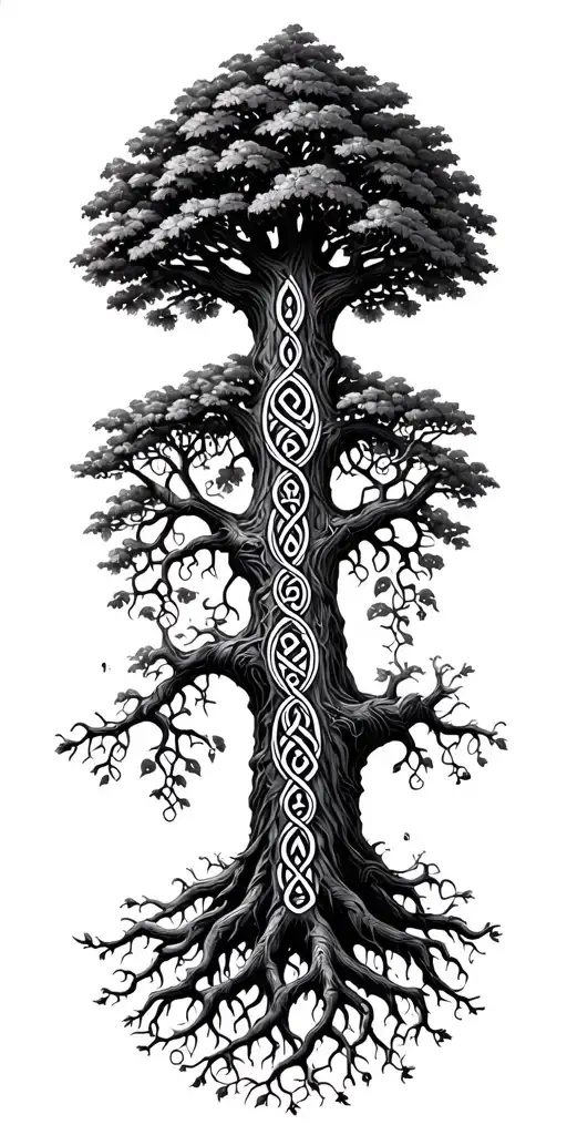 Celtic tree of life large canopy with deep vining roots transitioning into Celtic tribal tattoo design idea