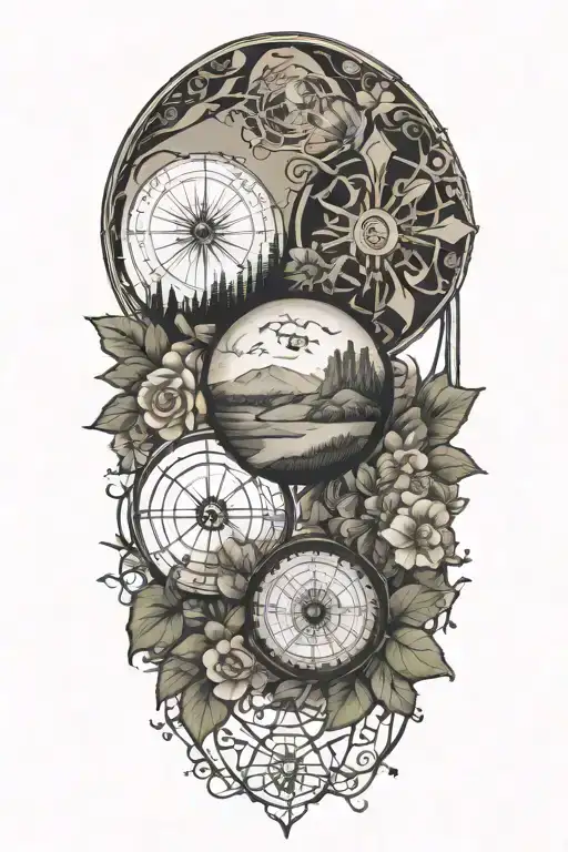 tattoo featuring roman landscape, compass, globe surrounded by flowers and vines tattoo design idea