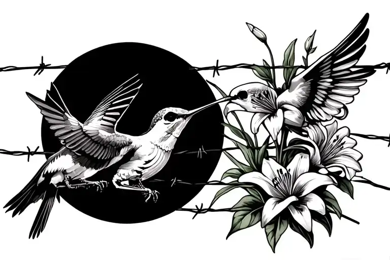 hummingbird and a skeleton fighting each other, a half moon and lilies growing on barbed wire tattoo design idea