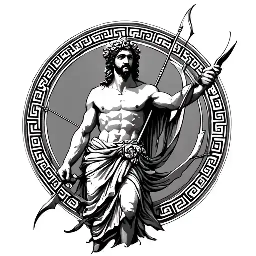 Greek god apollo with bow and arrow and greek pattern around tattoo design idea