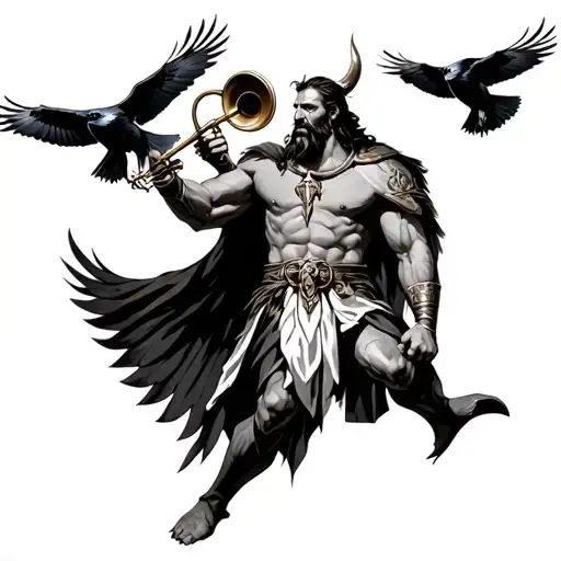 heimdall playing horn with two ravens flying around him tattoo design idea