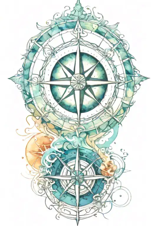 A stylized sun and compass merging together, surrounded by flowing water patterns, symbolizing the client's love for the ocean and navigation tattoo design idea