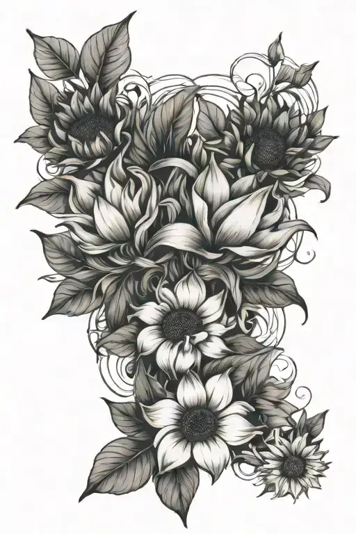 faint smoke and lilys and sunflowers intertwined tattoo design idea