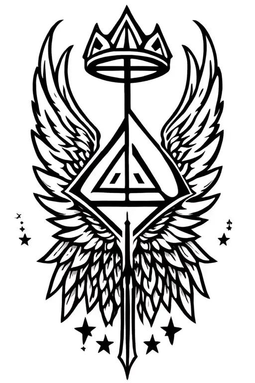 angels wing with valknut king crown eye bow arrows little stars tattoo design idea