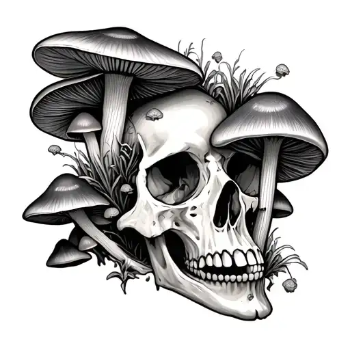 mushrooms growing out of skull tattoo design idea