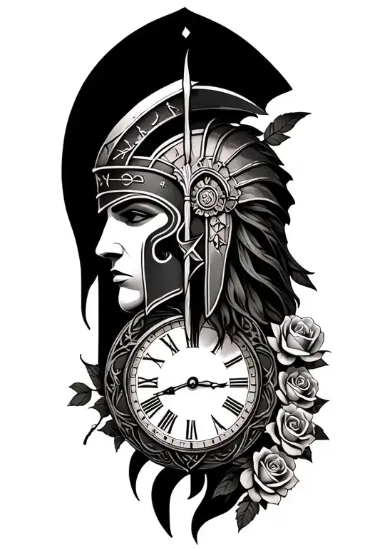 Spartan face on shoulder fading into black forms a clock with runes on the sides and mini roses near the elbow tattoo design idea