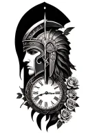 Spartan face on shoulder fading into black forms a clock with runes on the sides and mini roses near the elbow tattoo design idea