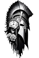 Spartan face on shoulder fading into black forms a clock with runes on the sides and mini roses near the elbow tattoo design idea