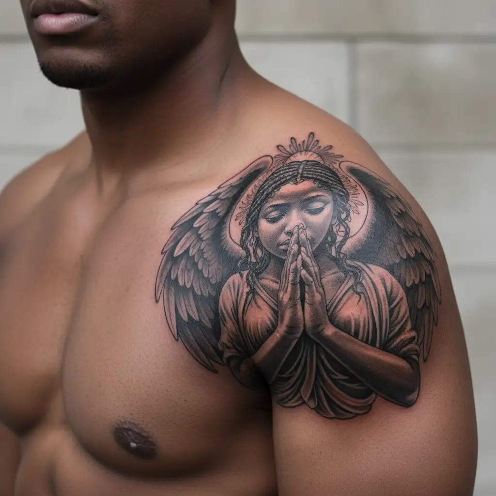 African angels pray hands holding side view tattoo design idea