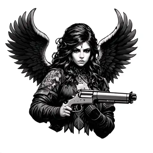 black angel with a shotgun shells spitfire ace tattoo design idea