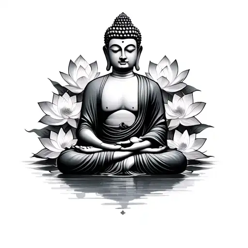 meditating buddha, with lotus flowers around tattoo design idea