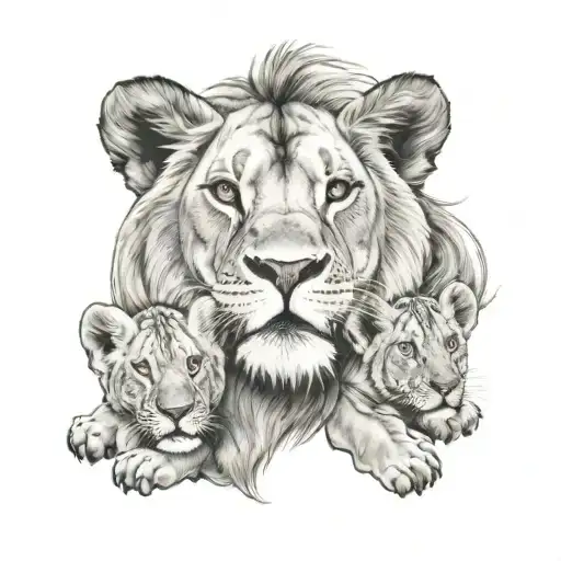 a lions face with 3 baby cubs around it tattoo design idea