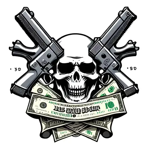 money and guns with grim reaper tattoo design idea