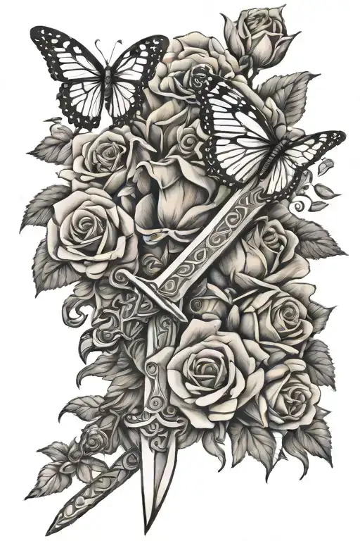 feminine sword with roses and butterflies tattoo design idea