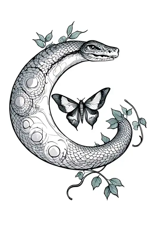 snake, moon, ivy, moth tattoo design idea