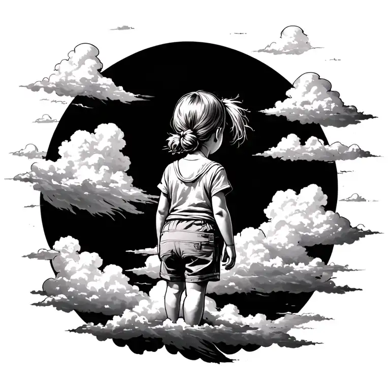portal that shows one adventurous travling toddler girl on top of clouds (her back facing towards us) tattoo design idea