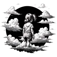 portal that shows one adventurous travling toddler girl on top of clouds (her back facing towards us) tattoo design idea