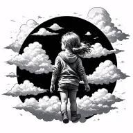 portal that shows one adventurous travling toddler girl on top of clouds (her back facing towards us) tattoo design idea