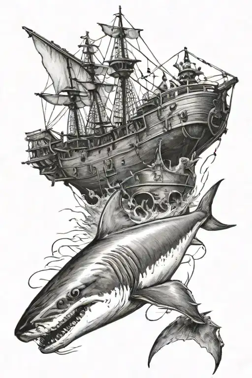 shark swimming under pirate ship tattoo design idea