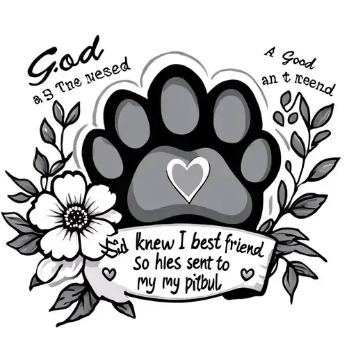 a paw print with heart and flower that says God knew I needed a best friend so he sent me my pitbull tattoo design idea
