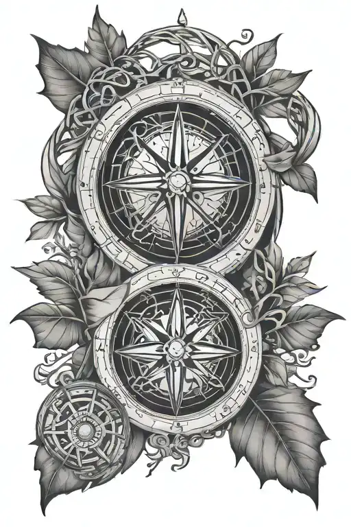 a globe, compass, pine trees, celtic knot, triskela, polynesian shark teeth, spearheads, maple leaves tattoo design idea
