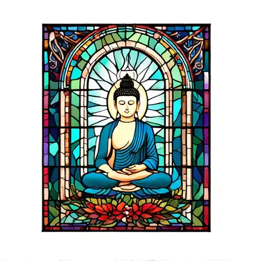 stained glass window cathedral stained glass with Buddha and Sanskrit symbol fir breathe tattoo design idea